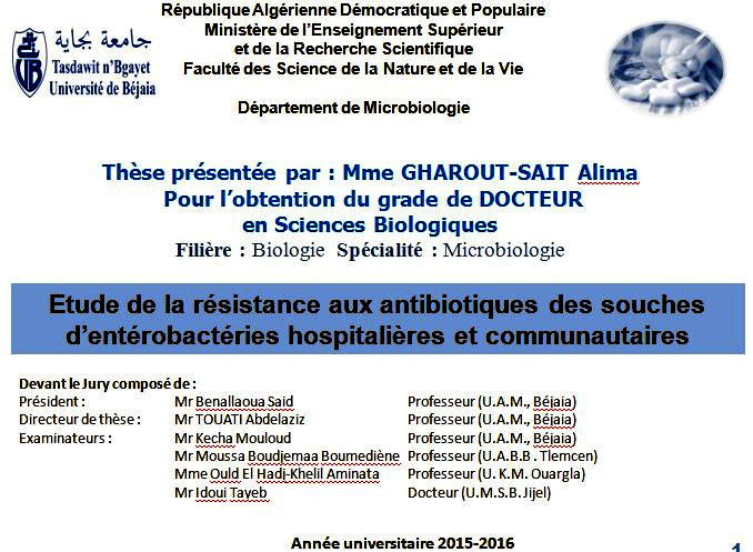 Soutenance de thèse doctorat par Mme GHAROUT-SAIT Alima