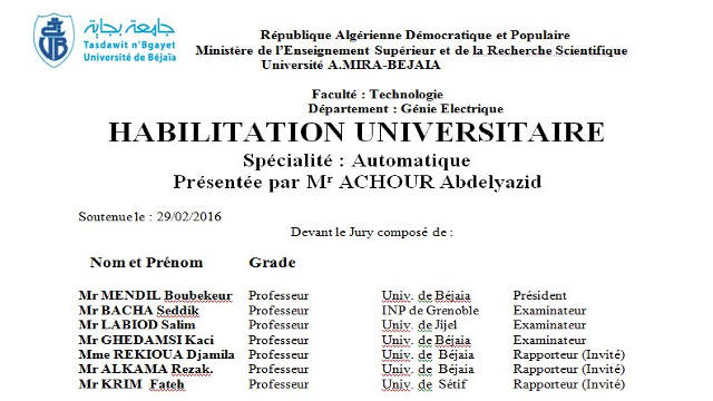 Soutenance d’une HDR par : M. ACHOUR A/Lyazid