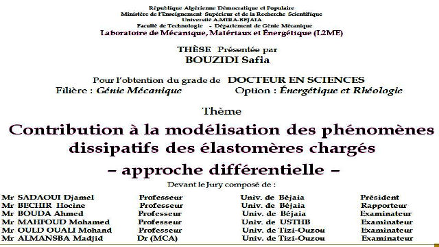 Soutenance de thèse de doctorat, par: Mme BOUZIDI Safia