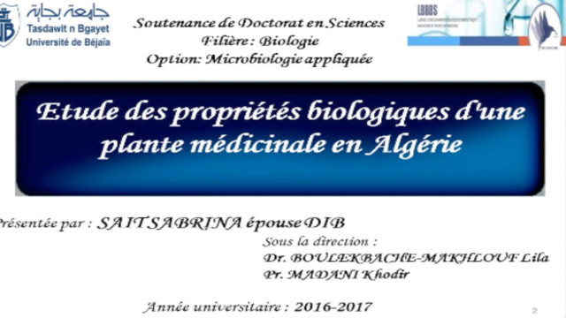 Soutenance de doctorat en Sciences. Filière: Biologie, par: Mme SAIT Sabrina.
