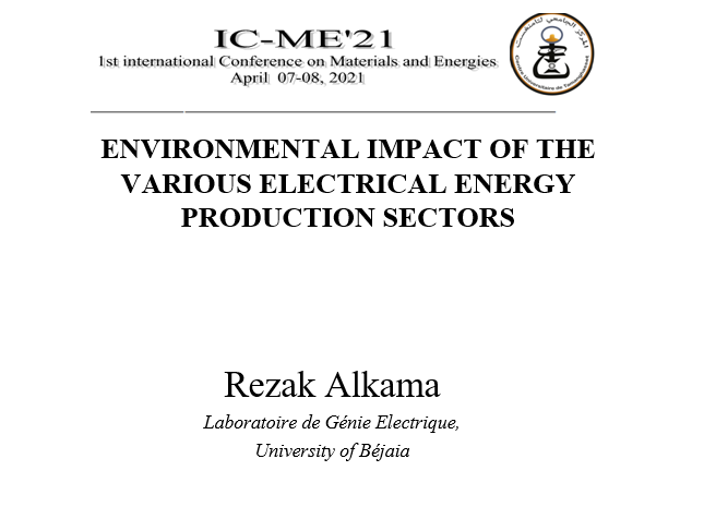 Communication du Pr Rezak Alkama, IC-ME’21 1st international Conference on Materials and Energies