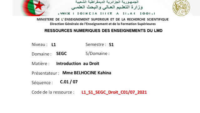 Cours 01/07: Introduction au droit, avec Mme BELHOCINE Kahina