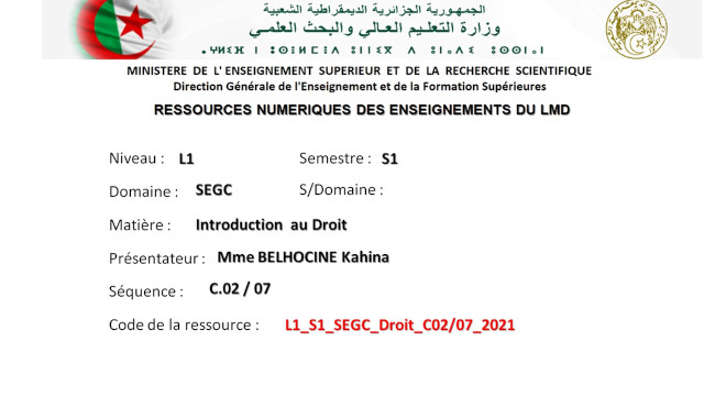 Cours 02/07: Introduction au droit, avec Mme BELHOCINE Kahina