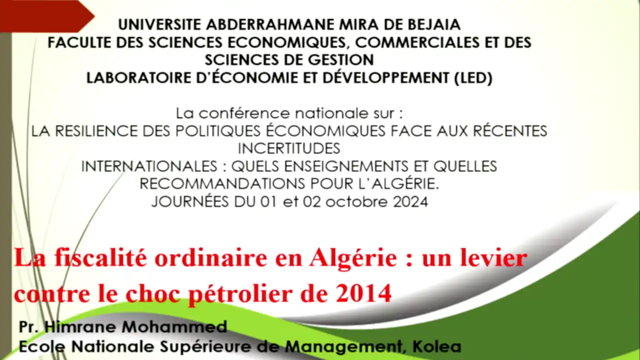 Colloque national intitulé: La résilience économique face aux récentes incertitudes internationales : quels enseignements et quelles recommandations pour les politiques économiques en Algérie organisé par la faculté des Sciences économiques, sciences commerciales et des sciences de gestion. Date : le 01 et 02 octobre 2024