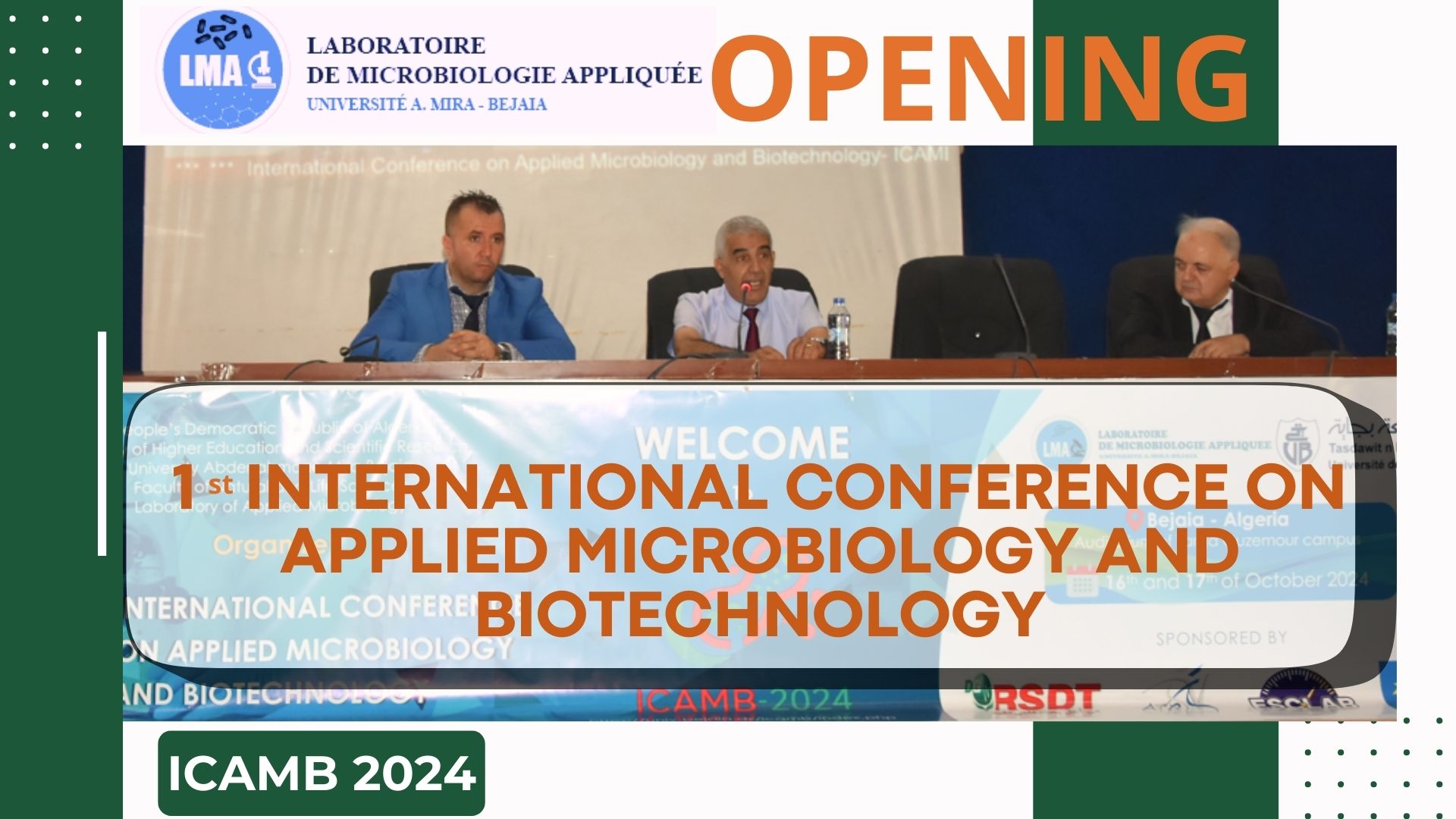 Ouverture ICAMB 2024 16 17 octobre 24 Opening of the 1st International Conference on Applied Microbiology and Biotechnology. ICAMB 2024